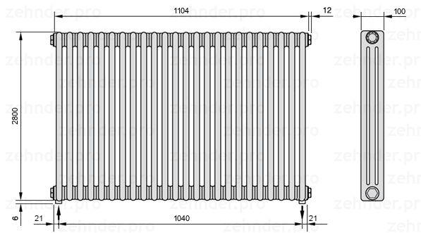 Схема (чертеж) Радиатор Zehnder Charleston 3280/24 №3570 Белый глянцевый RAL 9016